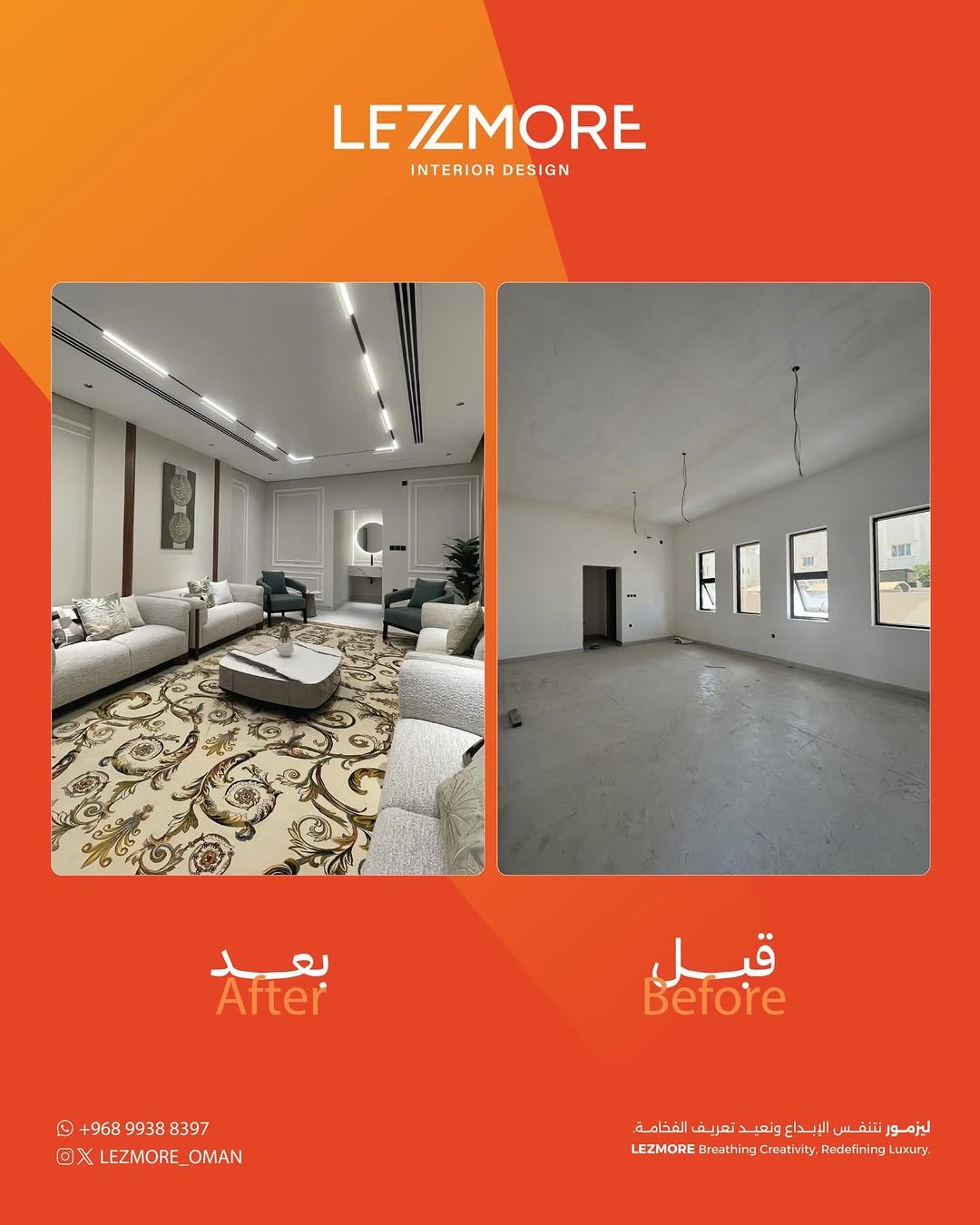 Lezmore completed living room with white sofas, dark green chairs and fitted wall finishes